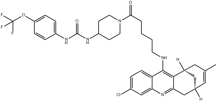 Urea, N-[1-[5-[[(7R,11R)-3-chloro-6,7,10,11-tetrahydro-9-methyl-7,11-methanocycloocta[b]quinolin-12-yl]amino]-1-oxopentyl]-4-piperidinyl]-N'-[4-(trifluoromethoxy)phenyl]- Struktur