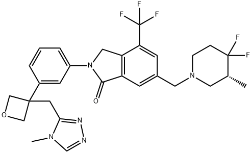 1H-Isoindol-1-one, 6-[[(3R)-4,4-difluoro-3-methyl-1-piperidinyl]methyl]-2,3-dihydro-2-[3-[3-[(4-methyl-4H-1,2,4-triazol-3-yl)methyl]-3-oxetanyl]phenyl]-4-(trifluoromethyl)- Struktur