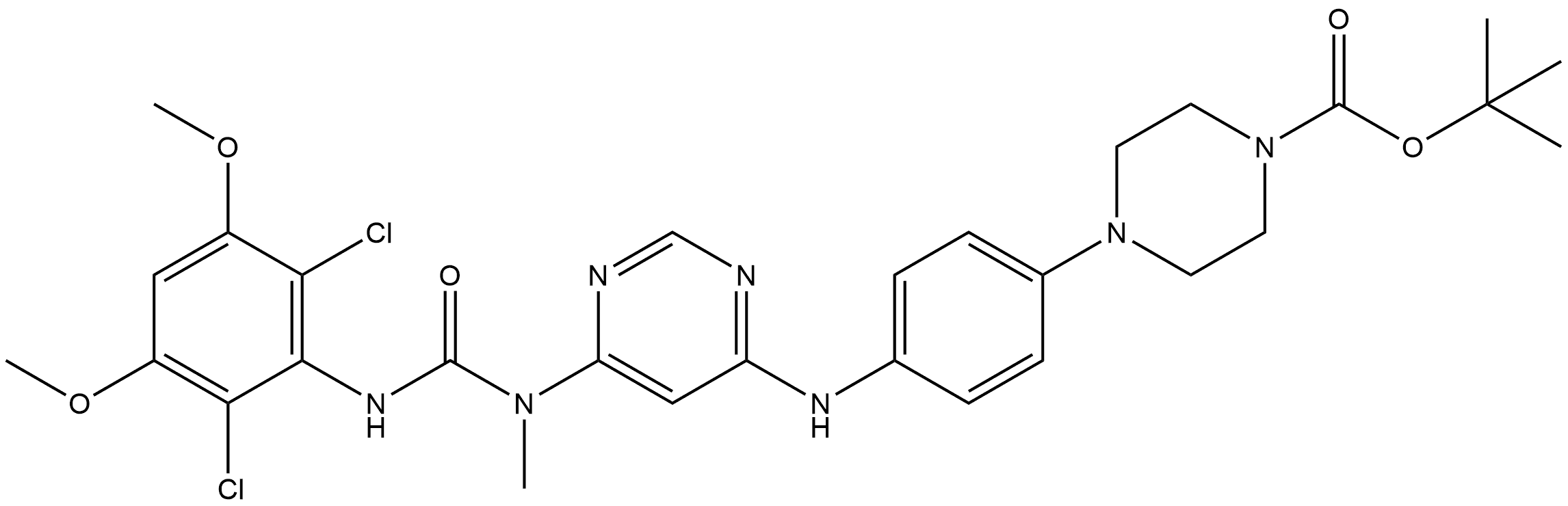 1-Piperazinecarboxylic acid, 4-[4-[[6-[[[(2,6-dichloro-3,5-dimethoxyphenyl)amino]carbonyl]methylamino]-4-pyrimidinyl]amino]phenyl]-, 1,1-dimethylethyl ester Struktur