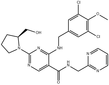 5-Pyrimidinecarboxamide, 4-[[(3,5-dichloro-4-methoxyphenyl)methyl]amino]-2-[(2S)-2-(hydroxymethyl)-1-pyrrolidinyl]-N-(2-pyrimidinylmethyl)- Structure