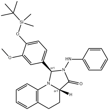 Imidazo[1,5-a]quinolin-3(3aH)-one, 1-[4-[[(1,1-dimethylethyl)dimethylsilyl]oxy]-3-methoxyphenyl]-1,2,4,5-tetrahydro-2-(phenylamino)-, (1R,3aS)-rel- Struktur