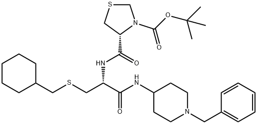 3-Thiazolidinecarboxylic acid, 4-[[[(1R)-1-[[(cyclohexylmethyl)thio]methyl]-2-oxo-2-[[1-(phenylmethyl)-4-piperidinyl]amino]ethyl]amino]carbonyl]-, 1,1-dimethylethyl ester, (4R)- Struktur