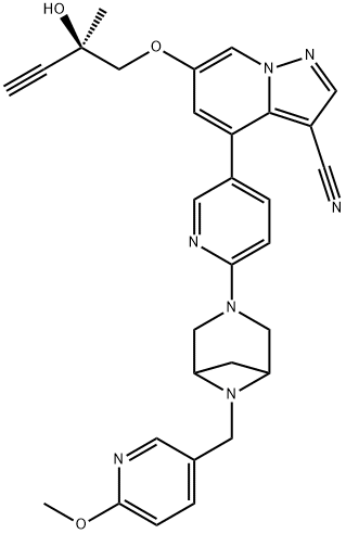 Pyrazolo[1,5-a]pyridine-3-carbonitrile, 6-[[(2R)-2-hydroxy-2-methyl-3-butyn-1-yl]oxy]-4-[6-[6-[(6-methoxy-3-pyridinyl)methyl]-3,6-diazabicyclo[3.1.1]hept-3-yl]-3-pyridinyl]- Struktur