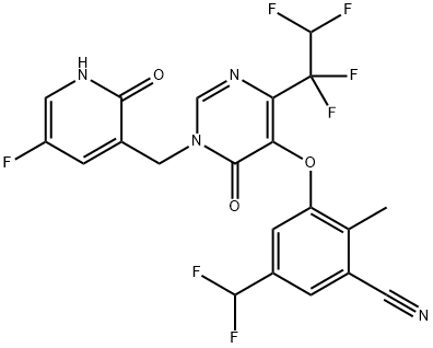 5-(Difluoromethyl)-3-[[1-[(5-fluoro-1,2-dihydro-2-oxo-3-pyridinyl)methyl]-1,6-dihydro-6-oxo-4-(1,1,2,2-tetrafluoroethyl)-5-pyrimidinyl]oxy]-2-methylbenzonitrile Struktur