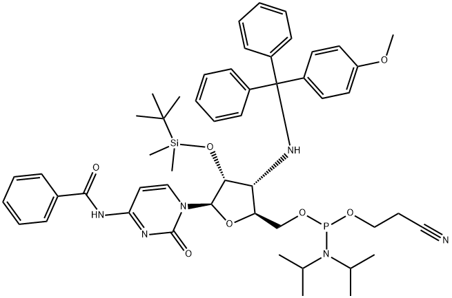 Cytidine, N-?benzoyl-?3'-?deoxy-?2'-?O-?[(1,?1-?dimethylethyl)?dimethylsilyl]?-?3'-?[[(4-?methoxyphenyl)?diphenylmethyl]?amino]?-?, 5'-?[2-?cyanoethyl bis(1-?methylethyl)?phosphoramidite] (9CI) Struktur