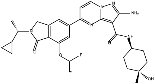 Pyrazolo[1,5-a]pyrimidine-3-carboxamide, 2-amino-5-[2-[(1S)-1-cyclopropylethyl]-7-(difluoromethoxy)-2,3-dihydro-1-oxo-1H-isoindol-5-yl]-N-(cis-4-hydroxy-4-methylcyclohexyl)- Struktur