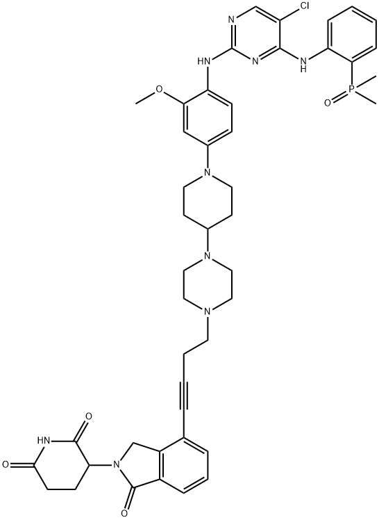 2,6-Piperidinedione, 3-[4-[4-[4-[1-[4-[[5-chloro-4-[[2-(dimethylphosphinyl)phenyl]amino]-2-pyrimidinyl]amino]-3-methoxyphenyl]-4-piperidinyl]-1-piperazinyl]-1-butyn-1-yl]-1,3-dihydro-1-oxo-2H-isoindol-2-yl]- Struktur