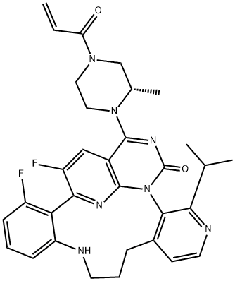 1,18-Etheno-4H-pyrido[4,3-e]pyrimido[1,6-g][1,7,9]benzotriazacyclododecin-4-one, 17,20-difluoro-10,11,12,13-tetrahydro-6-(1-methylethyl)-2-[(2S)-2-methyl-4-(1-oxo-2-propen-1-yl)-1-piperazinyl]- Struktur