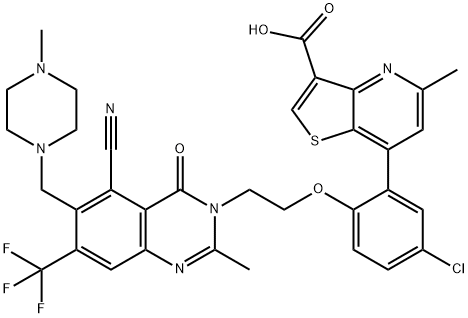 Thieno[3,2-b]pyridine-3-carboxylic acid, 7-[5-chloro-2-[2-[5-cyano-2-methyl-6-[(4-methyl-1-piperazinyl)methyl]-4-oxo-7-(trifluoromethyl)-3(4H)-quinazolinyl]ethoxy]phenyl]-5-methyl- Struktur