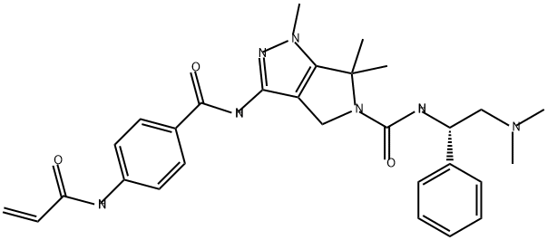 Pyrrolo[3,4-c]pyrazole-5(1H)-carboxamide, N-[(1S)-2-(dimethylamino)-1-phenylethyl]-4,6-dihydro-1,6,6-trimethyl-3-[[4-[(1-oxo-2-propen-1-yl)amino]benzoyl]amino]- Struktur