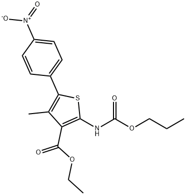 3-Thiophenecarboxylic acid, 4-methyl-5-(4-nitrophenyl)-2-[(propoxycarbonyl)amino]-, ethyl ester Struktur