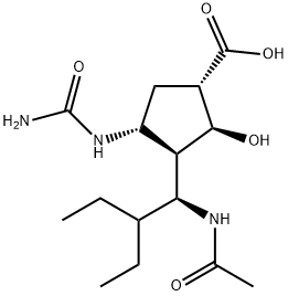 Cyclopentanecarboxylic acid, 3-[(1S)-1-(acetylamino)-2-ethylbutyl]-4-[(aminocarbonyl)amino]-2-hydroxy-, (1S,2S,3R,4R)- Struktur