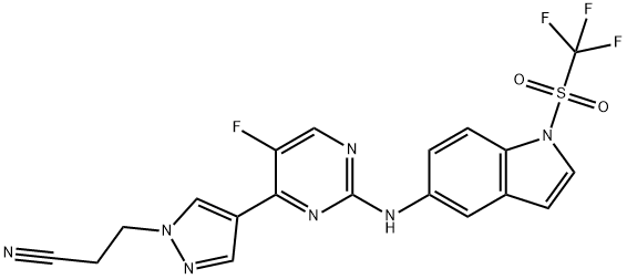 1H-Pyrazole-1-propanenitrile, 4-[5-fluoro-2-[[1-[(trifluoromethyl)sulfonyl]-1H-indol-5-yl]amino]-4-pyrimidinyl]- Struktur