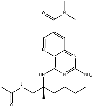 Pyrido[3,2-d]pyrimidine-7-carboxamide, 4-[[(1R)-1-[(acetylamino)methyl]-1-methylpentyl]amino]-2-amino-N,N-dimethyl- Struktur