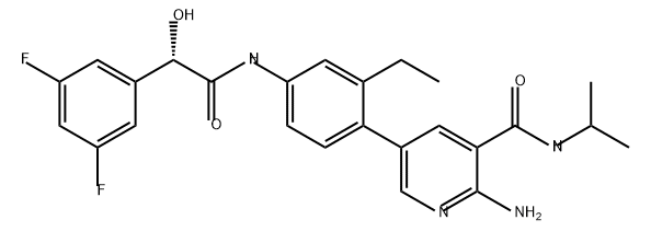 3-Pyridinecarboxamide, 2-amino-5-[4-[[(2S)-2-(3,5-difluorophenyl)-2-hydroxyacetyl]amino]-2-ethylphenyl]-N-(1-methylethyl)- Struktur