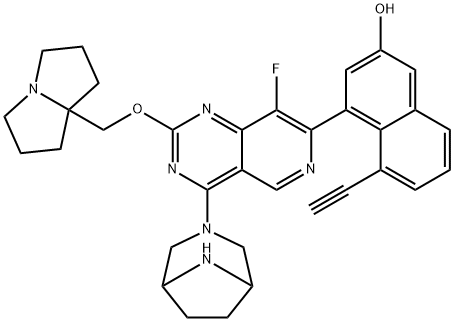 2-Naphthalenol, 4-[4-(3,8-diazabicyclo[3.2.1]oct-3-yl)-8-fluoro-2-[(tetrahydro-1H-pyrrolizin-7a(5H)-yl)methoxy]pyrido[4,3-d]pyrimidin-7-yl]-5-ethynyl- Struktur