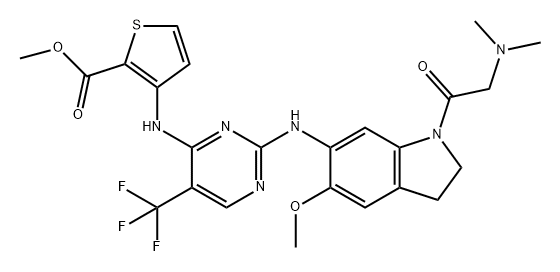 2-Thiophenecarboxylic acid, 3-[[2-[[1-[2-(dimethylamino)acetyl]-2,3-dihydro-5-methoxy-1H-indol-6-yl]amino]-5-(trifluoromethyl)-4-pyrimidinyl]amino]-, methyl ester Struktur