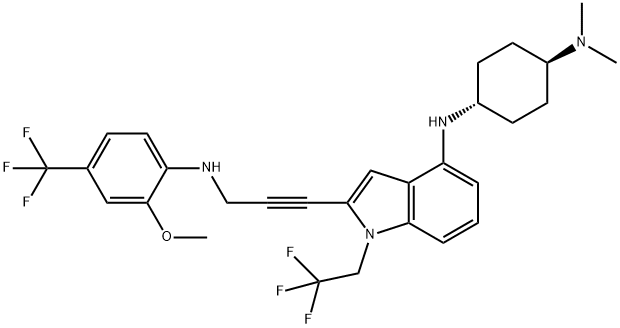 1,4-Cyclohexanediamine, N4-[2-[3-[[2-methoxy-4-(trifluoromethyl)phenyl]amino]-1-propyn-1-yl]-1-(2,2,2-trifluoroethyl)-1H-indol-4-yl]-N1,N1-dimethyl-, trans- Struktur