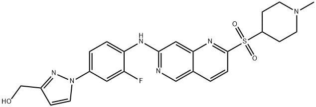 1H-Pyrazole-3-methanol, 1-[3-fluoro-4-[[2-[(1-methyl-4-piperidinyl)sulfonyl]-1,6-naphthyridin-7-yl]amino]phenyl]- Struktur