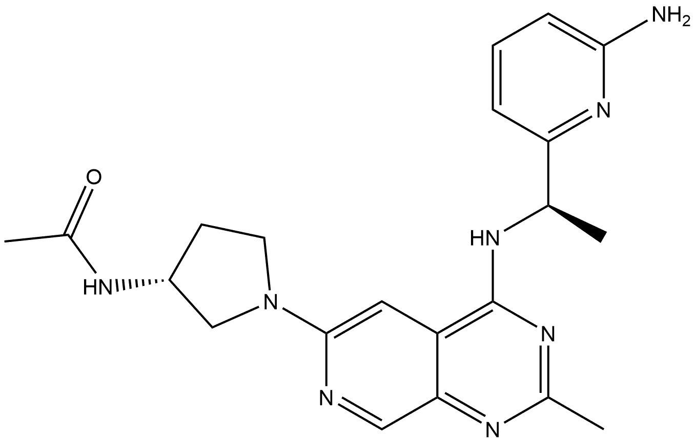 N-((R)-1-(4-(((R)-1-(6-aminopyridin-2-yl)ethyl)amino)-2-methylpyrido[3,4-d]pyrimidin-6-yl)pyrrolidin-3-yl)acetamide Structure