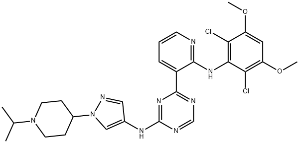 1,3,5-Triazin-2-amine, 4-[2-[(2,6-dichloro-3,5-dimethoxyphenyl)amino]-3-pyridinyl]-N-[1-[1-(1-methylethyl)-4-piperidinyl]-1H-pyrazol-4-yl]- Struktur