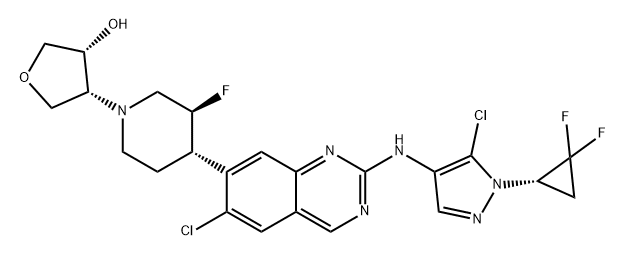 3-Furanol, 4-[(3S,4S)-4-[6-chloro-2-[[5-chloro-1-[(1S)-2,2-difluorocyclopropyl]-1H-pyrazol-4-yl]amino]-7-quinazolinyl]-3-fluoro-1-piperidinyl]tetrahydro-, (3R,4R)- Struktur