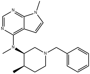 7H-Pyrrolo[2,3-d]pyrimidin-4-amine, N,7-dimethyl-N-[(3R,4R)-4-methyl-1-(phenylmethyl)-3-piperidinyl]- Struktur