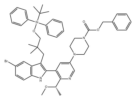 1-Piperazinecarboxylic acid, 4-[5-[5-bromo-3-[3-[[(1,1-dimethylethyl)diphenylsilyl]oxy]-2,2-dimethylpropyl]-1H-indol-2-yl]-6-[(1S)-1-methoxyethyl]-3-pyridinyl]-, phenylmethyl ester Struktur