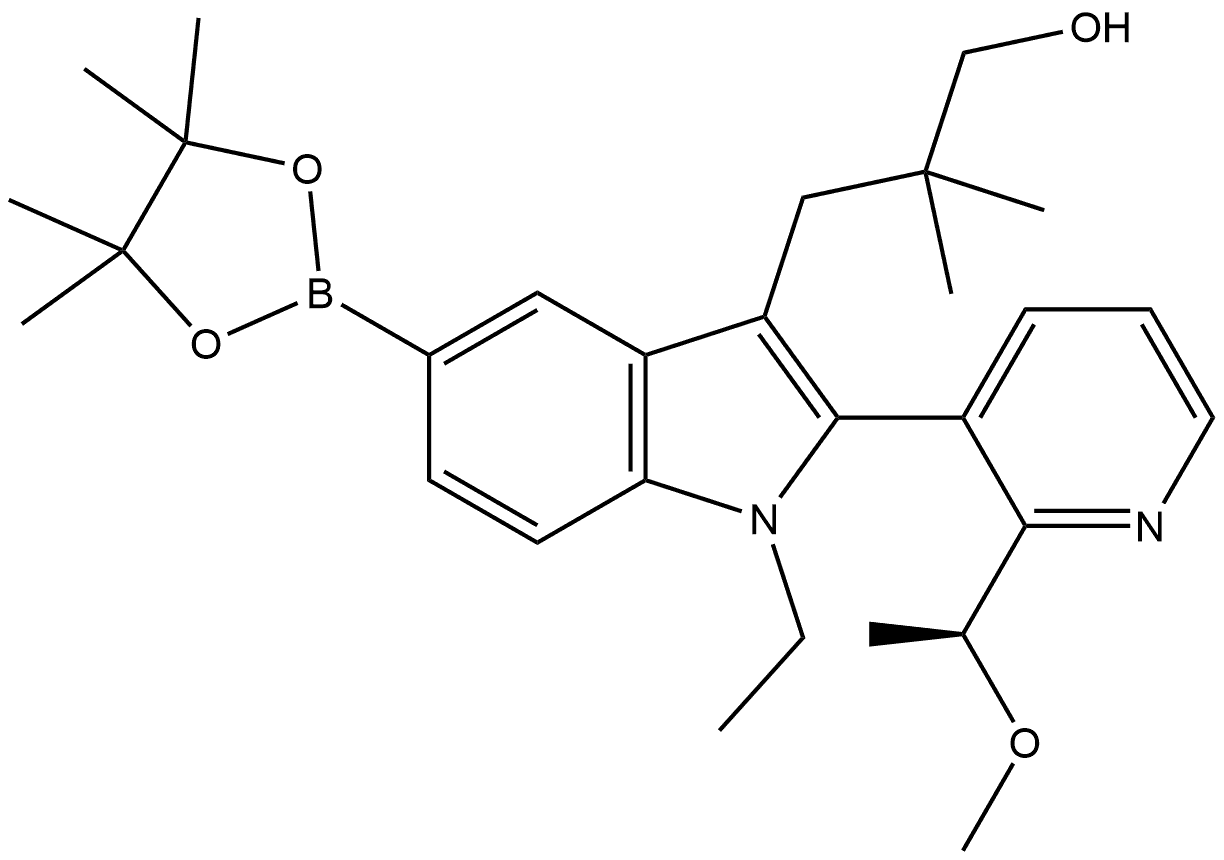 1-Ethyl-2-[2-[(1S)-1-methoxyethyl]-3-pyridinyl]-β,β-dimethyl-5-(4,4,5,5-tetramethyl-1,3,2-dioxaborolan-2-yl)-1H-indole-3-propanol Struktur