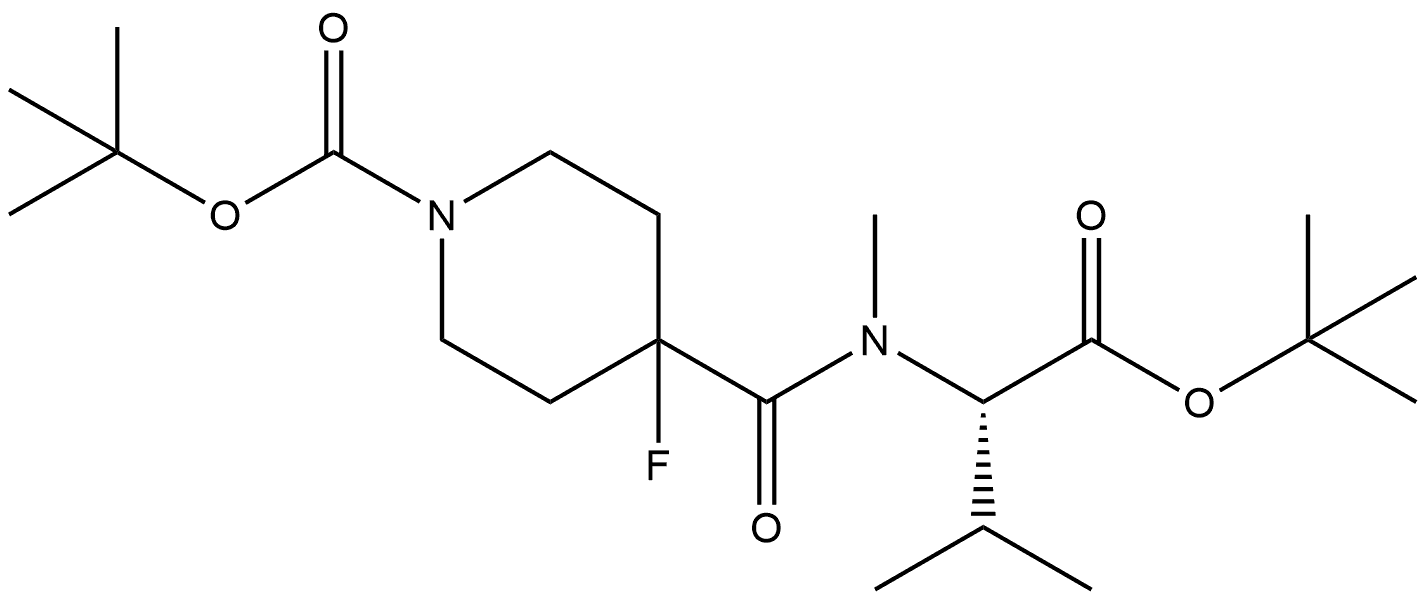 tert-butyl (S)-4-((1-(tert-butoxy)-3-methyl-1-oxobutan-2-yl)(methyl)carbamoyl)-4-fluoropiperidine-1-carboxylate Struktur