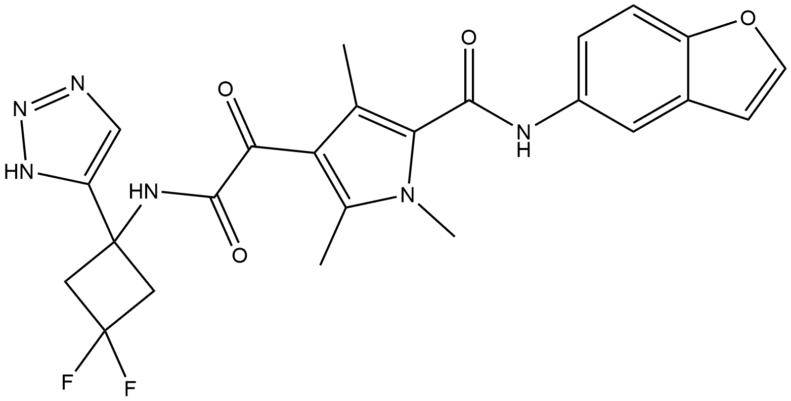 1H-Pyrrole-3-acetamide, 5-[(5-benzofuranylamino)carbonyl]-N-[3,3-difluoro-1-(1H-1,2,3-triazol-5-yl)cyclobutyl]-1,2,4-trimethyl-α-oxo- Struktur