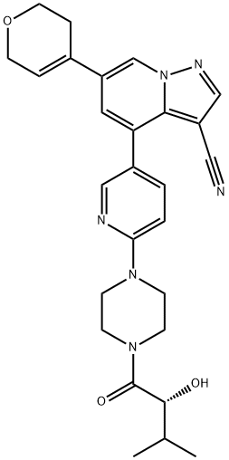 Pyrazolo[1,5-a]pyridine-3-carbonitrile, 6-(3,6-dihydro-2H-pyran-4-yl)-4-[6-[4-[(2R)-2-hydroxy-3-methyl-1-oxobutyl]-1-piperazinyl]-3-pyridinyl]- Struktur