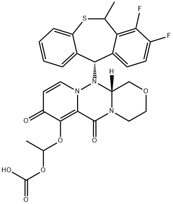 Carbonic acid, [[(12aR)-12-[(11S)-7,8-difluoro-6,11-dihydro-6-methyldibenzo[b,e]thiepin-11-yl]-3,4,6,8,12,12a-hexahydro-6,8-dioxo-1H-[1,4]oxazino[3,4-c]pyrido[2,1-f][1,2,4]triazin-7-yl]oxy]methyl methyl ester Struktur