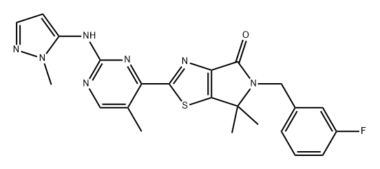 4H-Pyrrolo[3,4-d]thiazol-4-one, 5-[(3-fluorophenyl)methyl]-5,6-dihydro-6,6-dimethyl-2-[5-methyl-2-[(1-methyl-1H-pyrazol-5-yl)amino]-4-pyrimidinyl]- Struktur