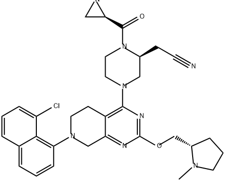 2-Piperazineacetonitrile, 1-[(2R)-2-aziridinylcarbonyl]-4-[7-(8-chloro-1-naphthalenyl)-5,6,7,8-tetrahydro-2-[[(2S)-1-methyl-2-pyrrolidinyl]methoxy]pyrido[3,4-d]pyrimidin-4-yl]-, (2S)- Struktur