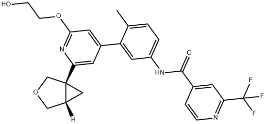 4-Pyridinecarboxamide, N-[3-[2-(2-hydroxyethoxy)-6-(1R,5S)-3-oxabicyclo[3.1.0]hex-1-yl-4-pyridinyl]-4-methylphenyl]-2-(trifluoromethyl)- Struktur