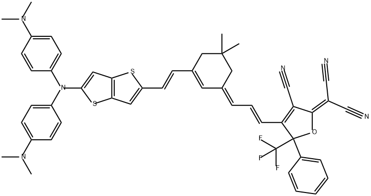 Propanedinitrile, 2-[4-[(1E,3E)-3-[3-[(1E)-2-[5-[bis[4-(dimethylamino)phenyl]amino]thieno[3,2-b]thien-2-yl]ethenyl]-5,5-dimethyl-2-cyclohexen-1-ylidene]-1-propen-1-yl]-3-cyano-5-phenyl-5-(trifluoromethyl)-2(5H)-furanylidene]- Struktur