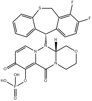 1H-[1,4]Oxazino[3,4-c]pyrido[2,1-f][1,2,4]triazine-6,8-dione, 12-[(11S)-7,8-difluoro-6,11-dihydrodibenzo[b,e]thiepin-11-yl]-3,4,12,12a-tetrahydro-7-(phosphonooxy)-, (12aR)- Struktur