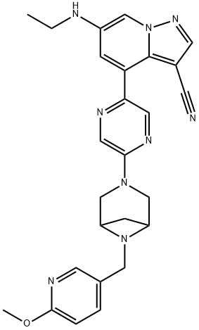 Pyrazolo[1,5-a]pyridine-3-carbonitrile, 6-(ethylamino)-4-[5-[6-[(6-methoxy-3-pyridinyl)methyl]-3,6-diazabicyclo[3.1.1]hept-3-yl]-2-pyrazinyl]- Struktur