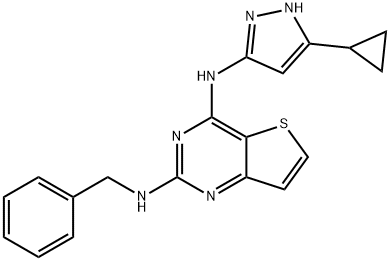 Thieno[3,2-d]pyrimidine-2,4-diamine, N4-(5-cyclopropyl-1H-pyrazol-3-yl)-N2-(phenylmethyl)- Struktur