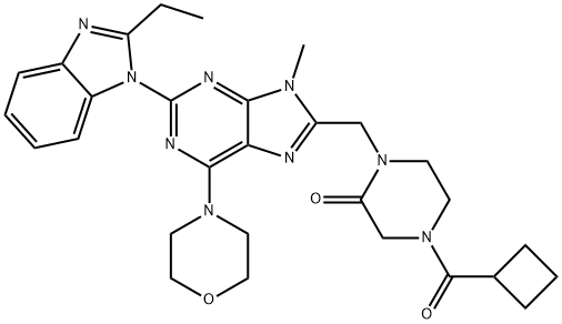 2-Piperazinone, 4-(cyclobutylcarbonyl)-1-[[2-(2-ethyl-1H-benzimidazol-1-yl)-9-methyl-6-(4-morpholinyl)-9H-purin-8-yl]methyl]- Struktur