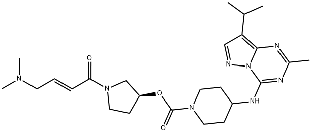 1-Piperidinecarboxylic acid, 4-[[2-methyl-8-(1-methylethyl)pyrazolo[1,5-a]-1,3,5-triazin-4-yl]amino]-, (3S)-1-[(2E)-4-(dimethylamino)-1-oxo-2-buten-1-yl]-3-pyrrolidinyl ester Struktur