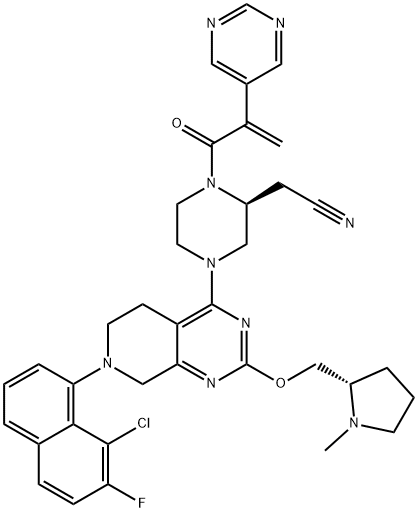 2-Piperazineacetonitrile, 4-[7-(8-chloro-7-fluoro-1-naphthalenyl)-5,6,7,8-tetrahydro-2-[[(2S)-1-methyl-2-pyrrolidinyl]methoxy]pyrido[3,4-d]pyrimidin-4-yl]-1-[1-oxo-2-(5-pyrimidinyl)-2-propen-1-yl]-, (2S)- Struktur