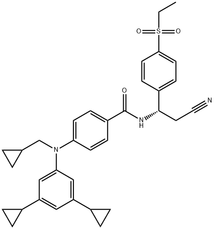 Benzamide, N-[(1S)-2-cyano-1-[4-(ethylsulfonyl)phenyl]ethyl]-4-[(cyclopropylmethyl)(3,5-dicyclopropylphenyl)amino]- Struktur