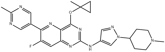 Pyrido[3,2-d]pyrimidin-2-amine, 7-fluoro-4-[(1-methylcyclopropyl)oxy]-N-[1-(1-methyl-4-piperidinyl)-1H-pyrazol-4-yl]-6-(2-methyl-5-pyrimidinyl)- Struktur