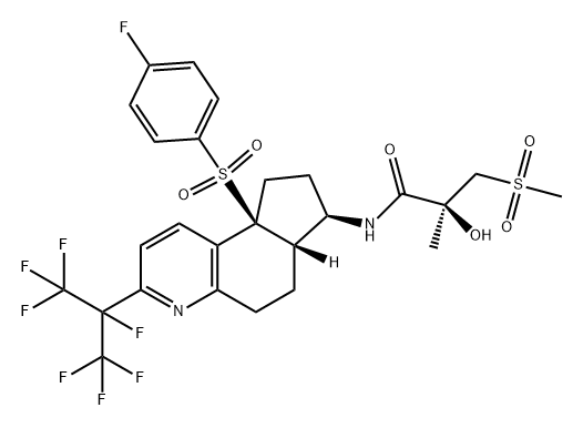 Propanamide, N-[(6aS,7R,9aS)-9a-[(4-fluorophenyl)sulfonyl]-6,6a,7,8,9,9a-hexahydro-3-[1,2,2,2-tetrafluoro-1-(trifluoromethyl)ethyl]-5H-cyclopenta[f]quinolin-7-yl]-2-hydroxy-2-methyl-3-(methylsulfonyl)-, (2S)- Struktur