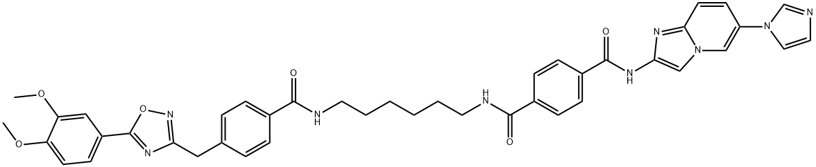 1,4-Benzenedicarboxamide, N1-[6-[[4-[[5-(3,4-dimethoxyphenyl)-1,2,4-oxadiazol-3-yl]methyl]benzoyl]amino]hexyl]-N4-[6-(1H-imidazol-1-yl)imidazo[1,2-a]pyridin-2-yl]- Struktur