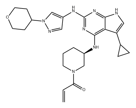 2-Propen-1-one, 1-[(3R)-3-[[5-cyclopropyl-2-[[1-(tetrahydro-2H-pyran-4-yl)-1H-pyrazol-4-yl]amino]-7H-pyrrolo[2,3-d]pyrimidin-4-yl]amino]-1-piperidinyl]- Struktur