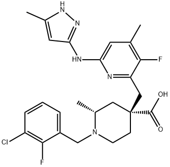 4-Piperidinecarboxylic acid, 1-[(3-chloro-2-fluorophenyl)methyl]-4-[[3-fluoro-4-methyl-6-[(5-methyl-1H-pyrazol-3-yl)amino]-2-pyridinyl]methyl]-2-methyl-, (2R,4R)- Struktur