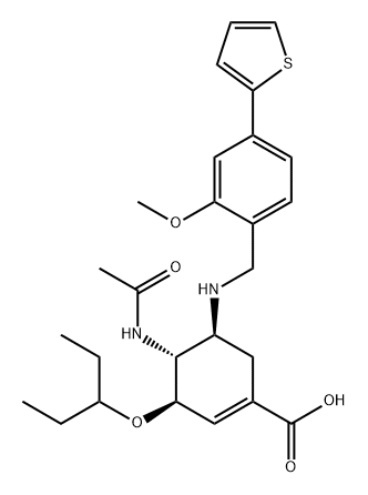 1-Cyclohexene-1-carboxylic acid, 4-(acetylamino)-3-(1-ethylpropoxy)-5-[[[2-methoxy-4-(2-thienyl)phenyl]methyl]amino]-, (3R,4R,5S)- Struktur